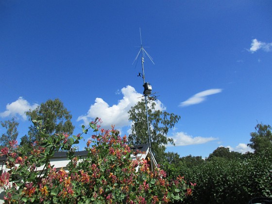 Radiomast 
Här ser vi min Discone för mina lyssningsmottagare, Väderstation och så förstås en vanlig TV-antenn, numera riktad mot Algutsrum.                               